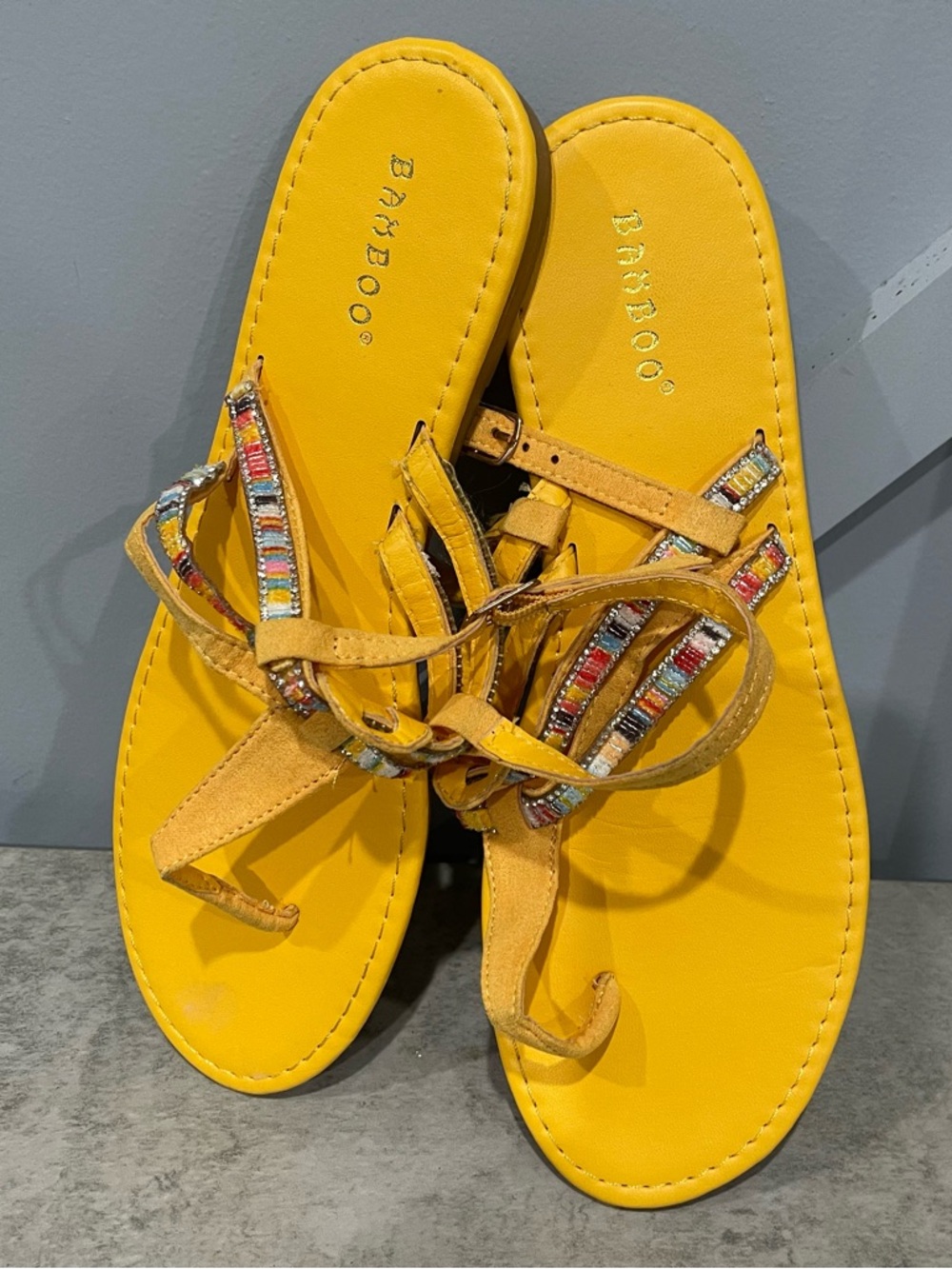 BAMBOO Yellow Beaded Strappy Sandals for Women | Size 10